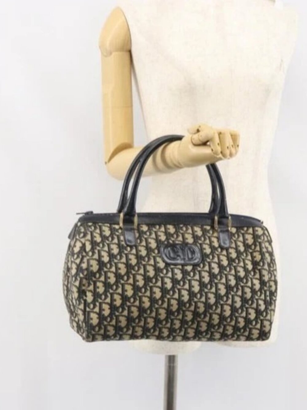 Christian Dior Trotter Canvas Boston Bag Navy Gold - Picture 15 of 16